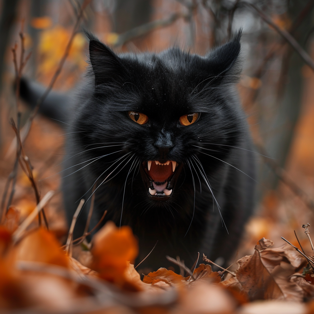 Angry black cat attacking camera