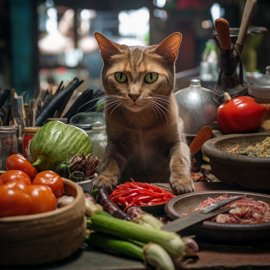 Angry cat making tasty papaya salad