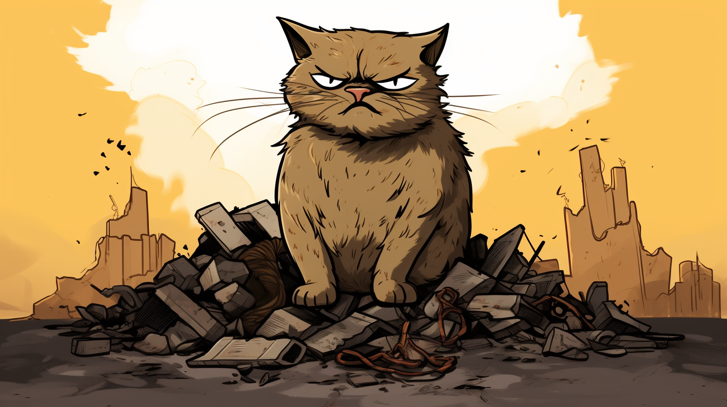 Angry cat on rubble