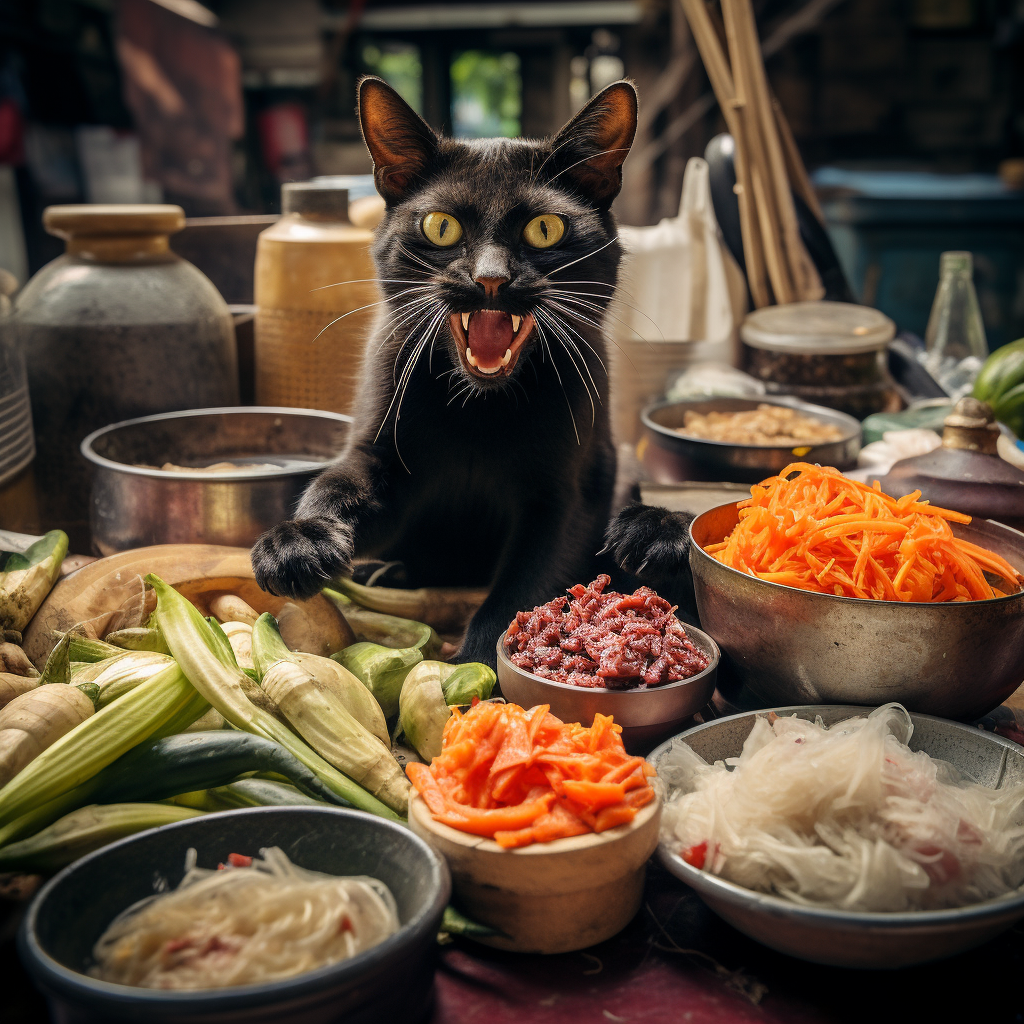 Angry cat making spicy papaya salad