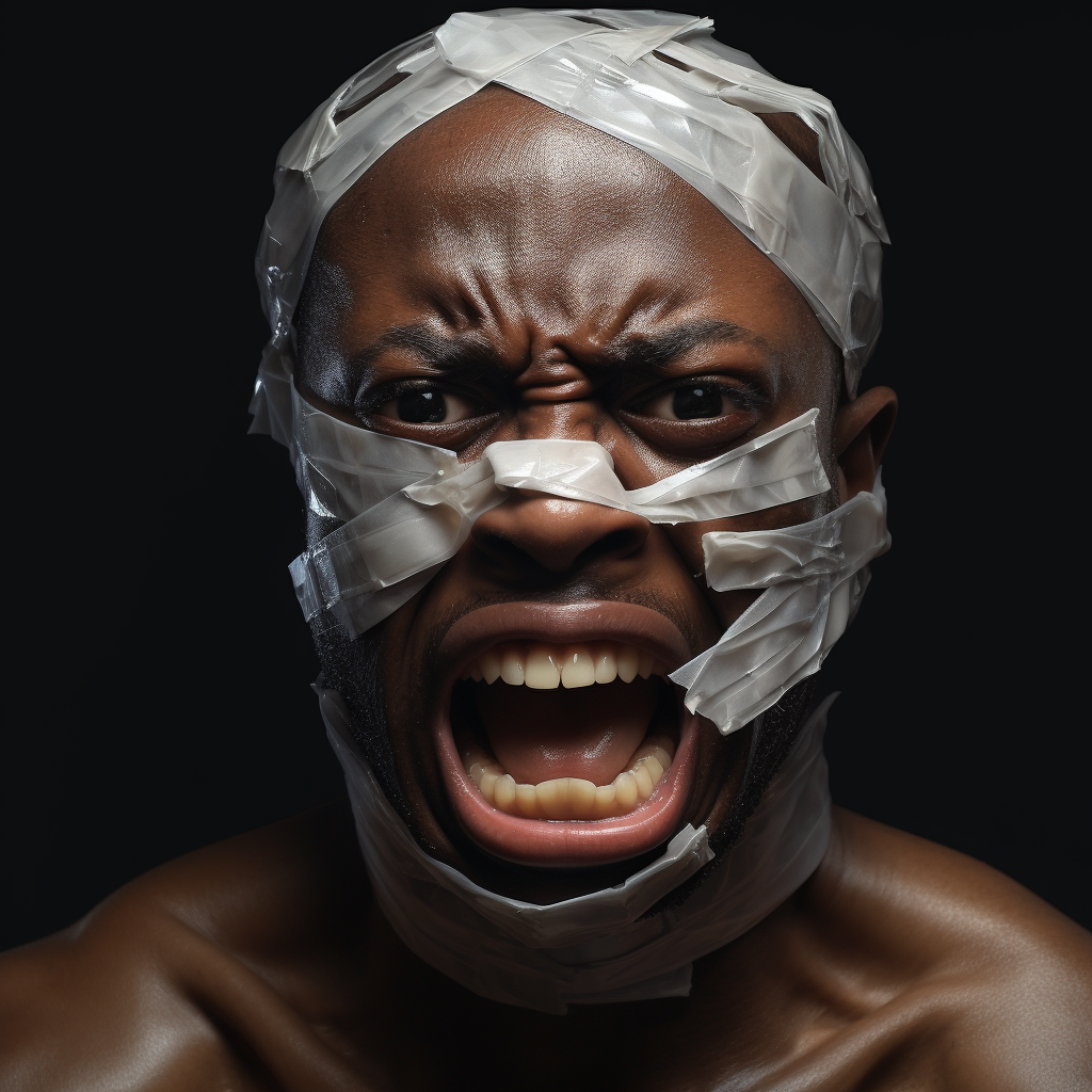 African American man with duct taped mouth expressing anger