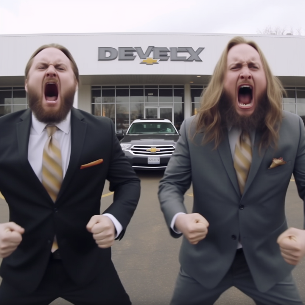 Angry rednecks in suits screaming at Chevy dealership