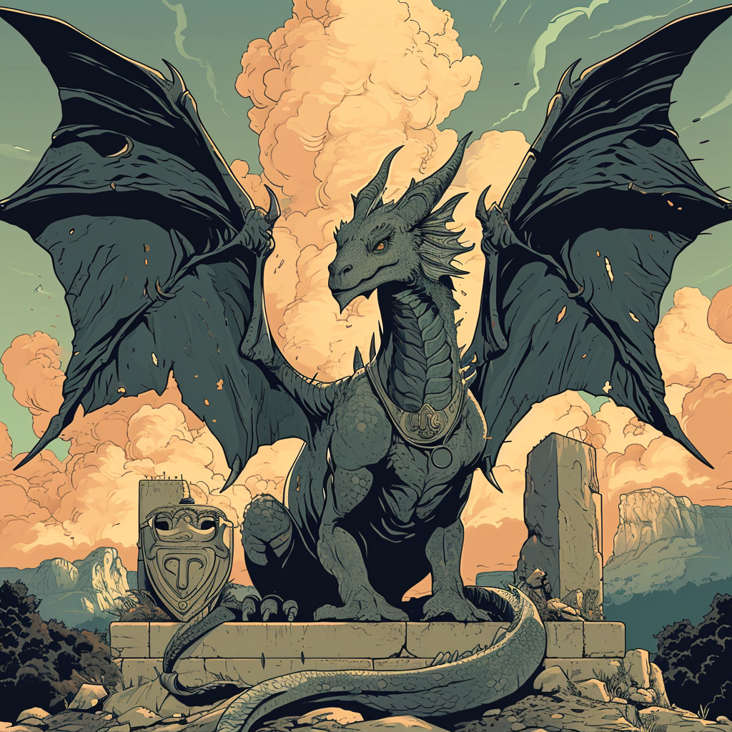 Illustration of angry dragon meditating on bones