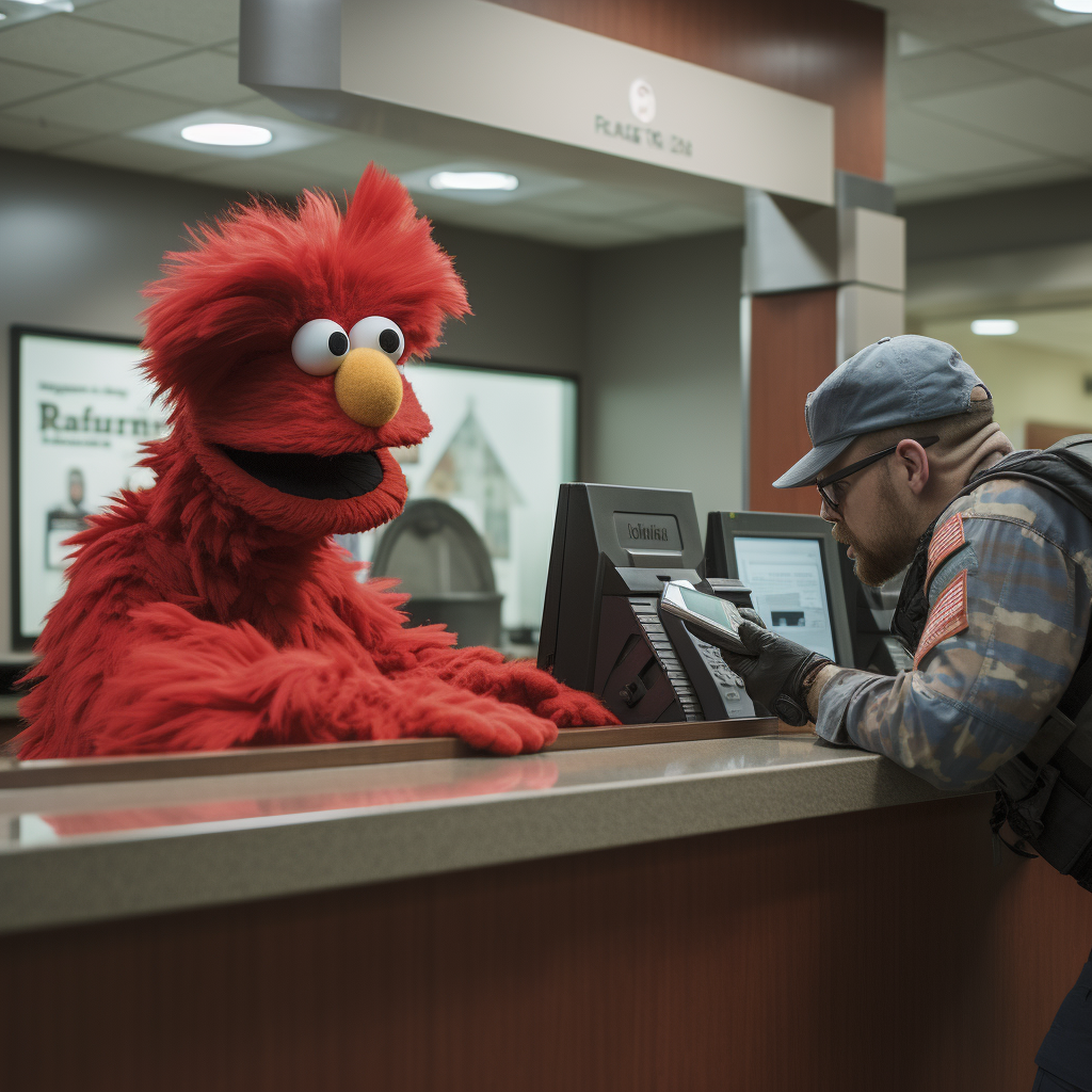 Angry Elmo with M16 Rifle at Bank