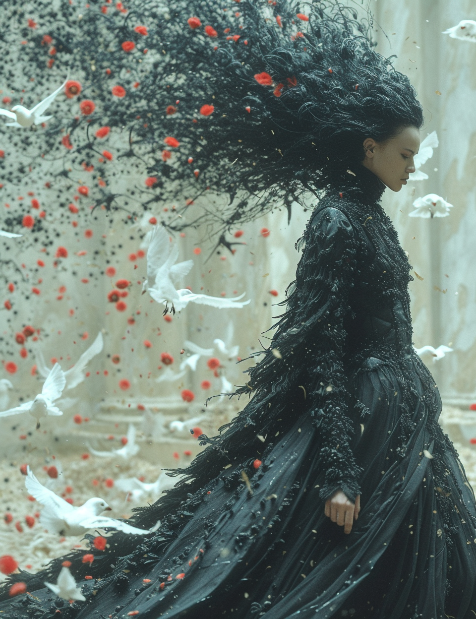 Female model in black feathers surrounded by white birds