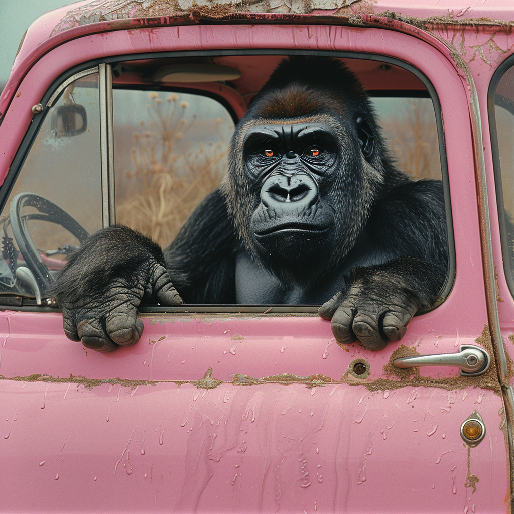 Angry Gorilla in Pink Fiat Car