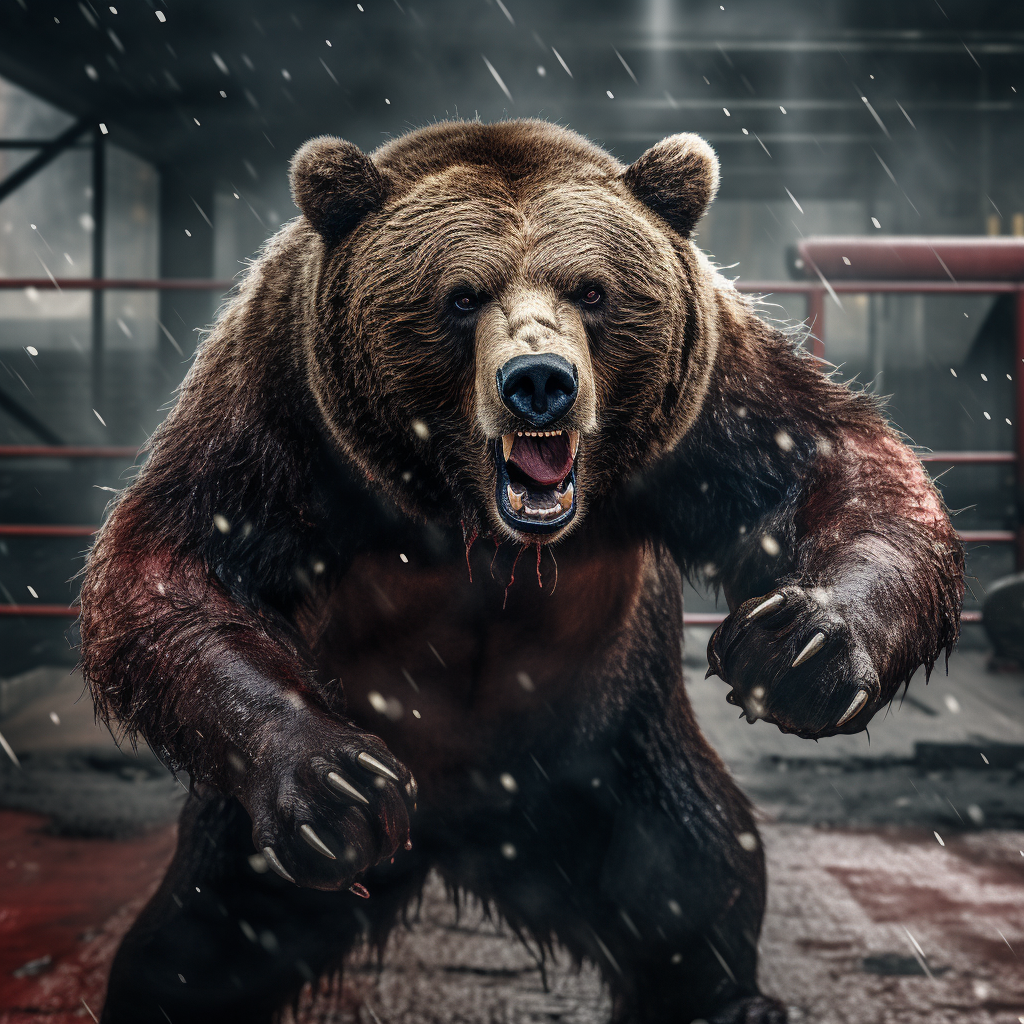 Angry grizzly bear in boxing ring