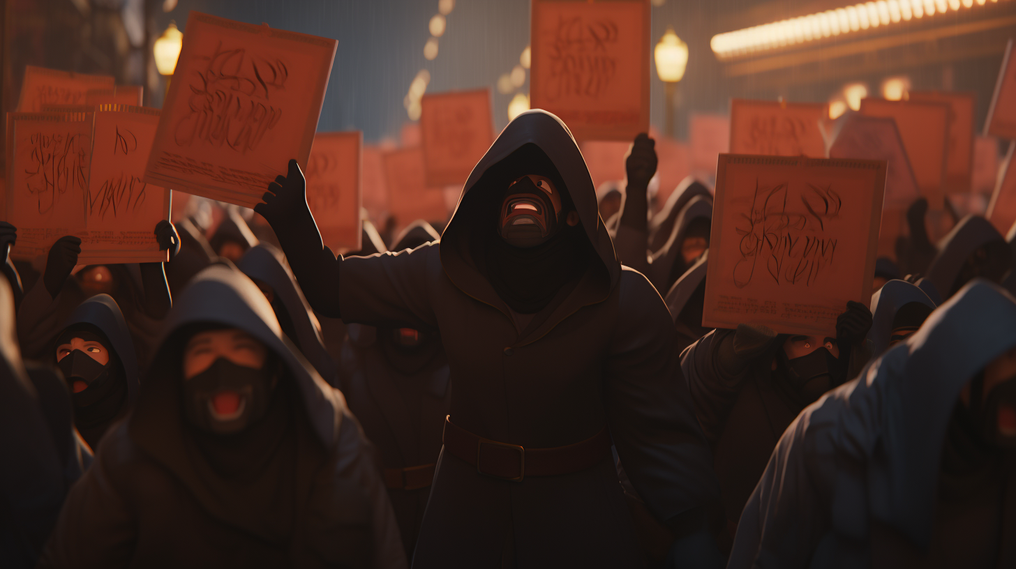 Angry hooded mob protesting with blank signs