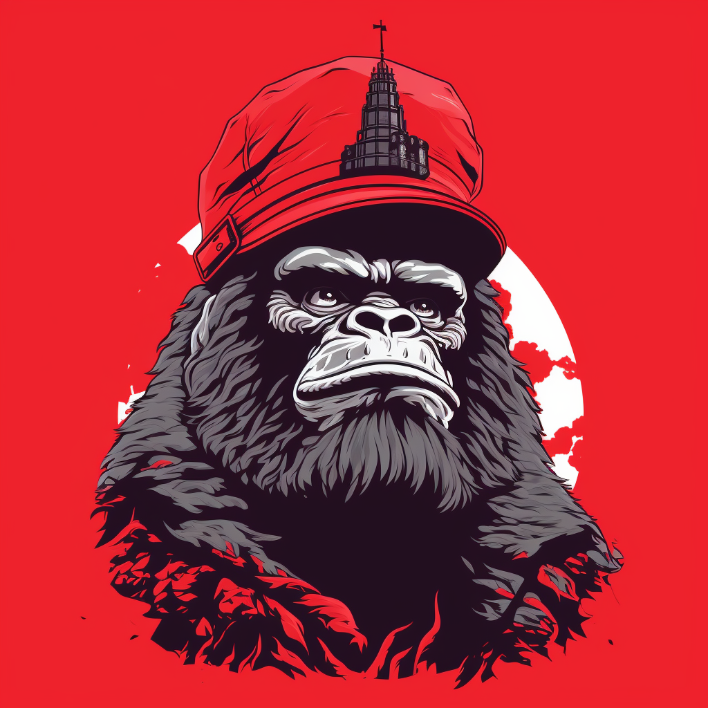 Angry King Kong wearing red beret broadcasting