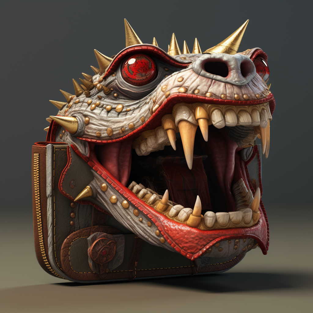 Angry leather wallet monster with coin teeth and dollar bill tongue.