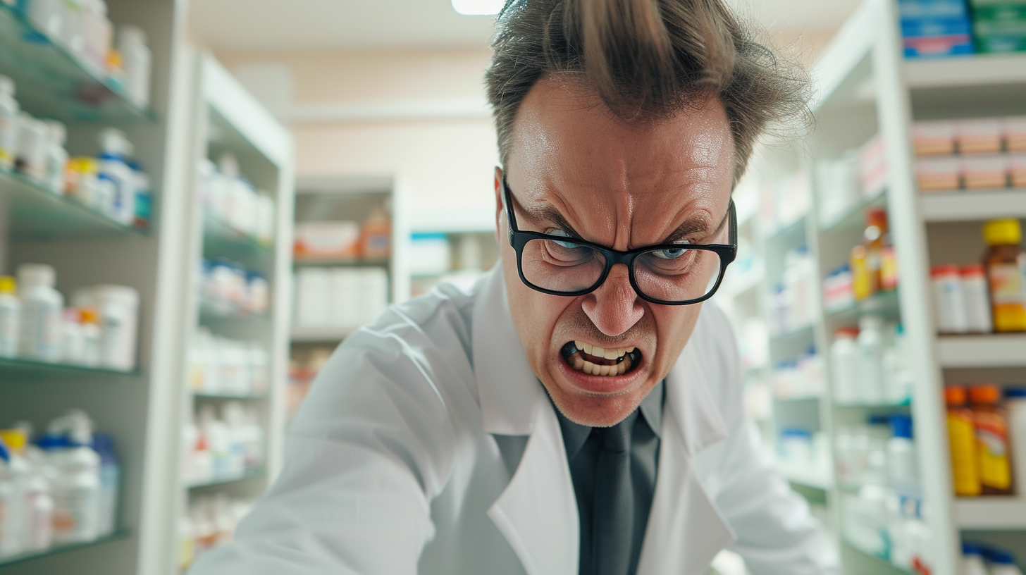 Angry Male Pharmacist in Glasses