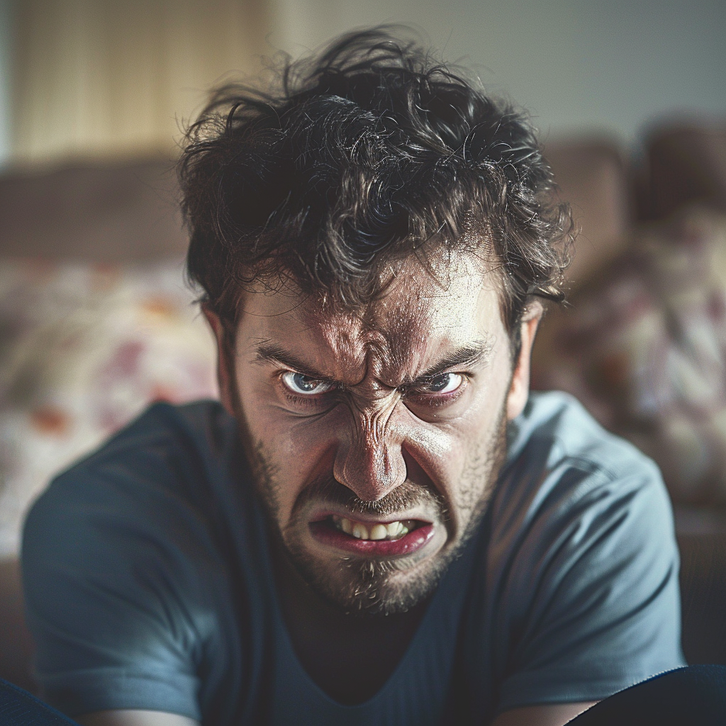 Angry man in living room