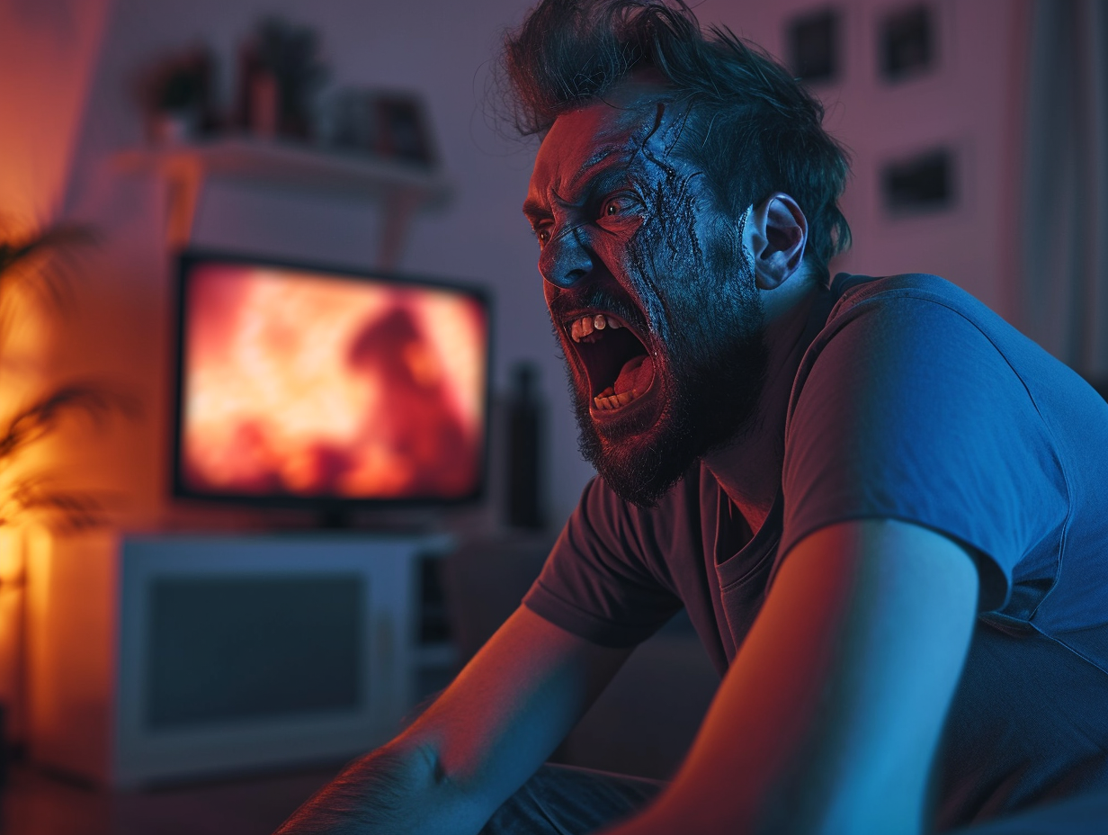 Angry man watching news on TV