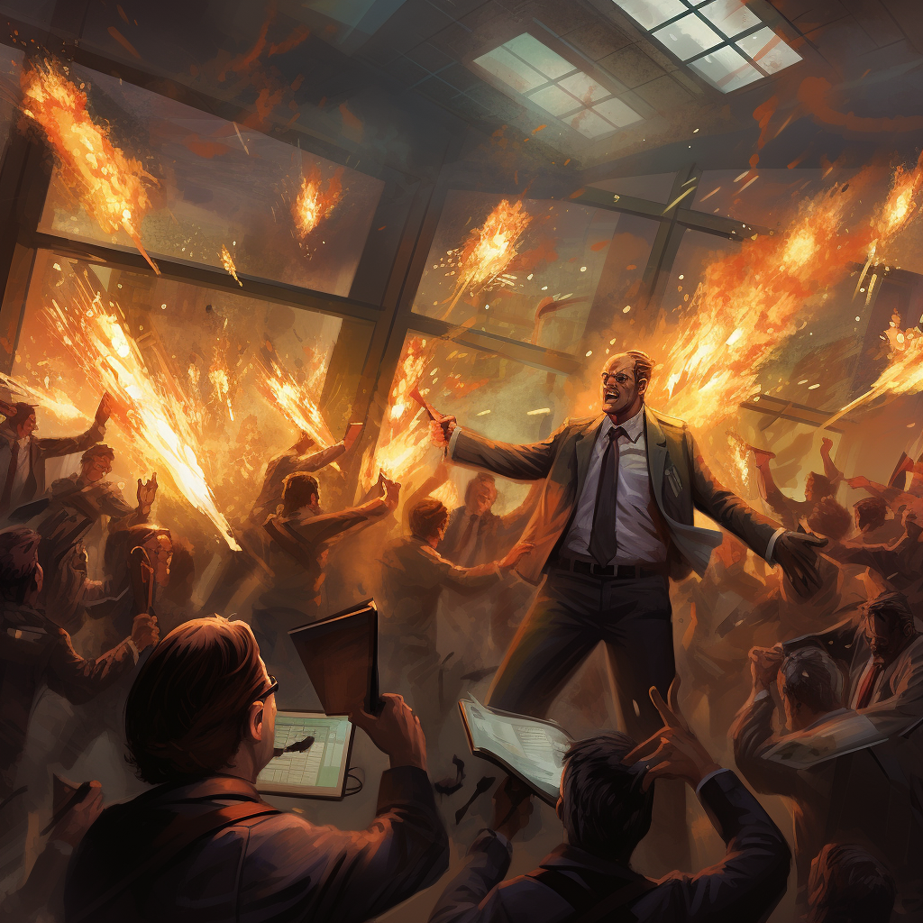 Angry mob storming office with torches