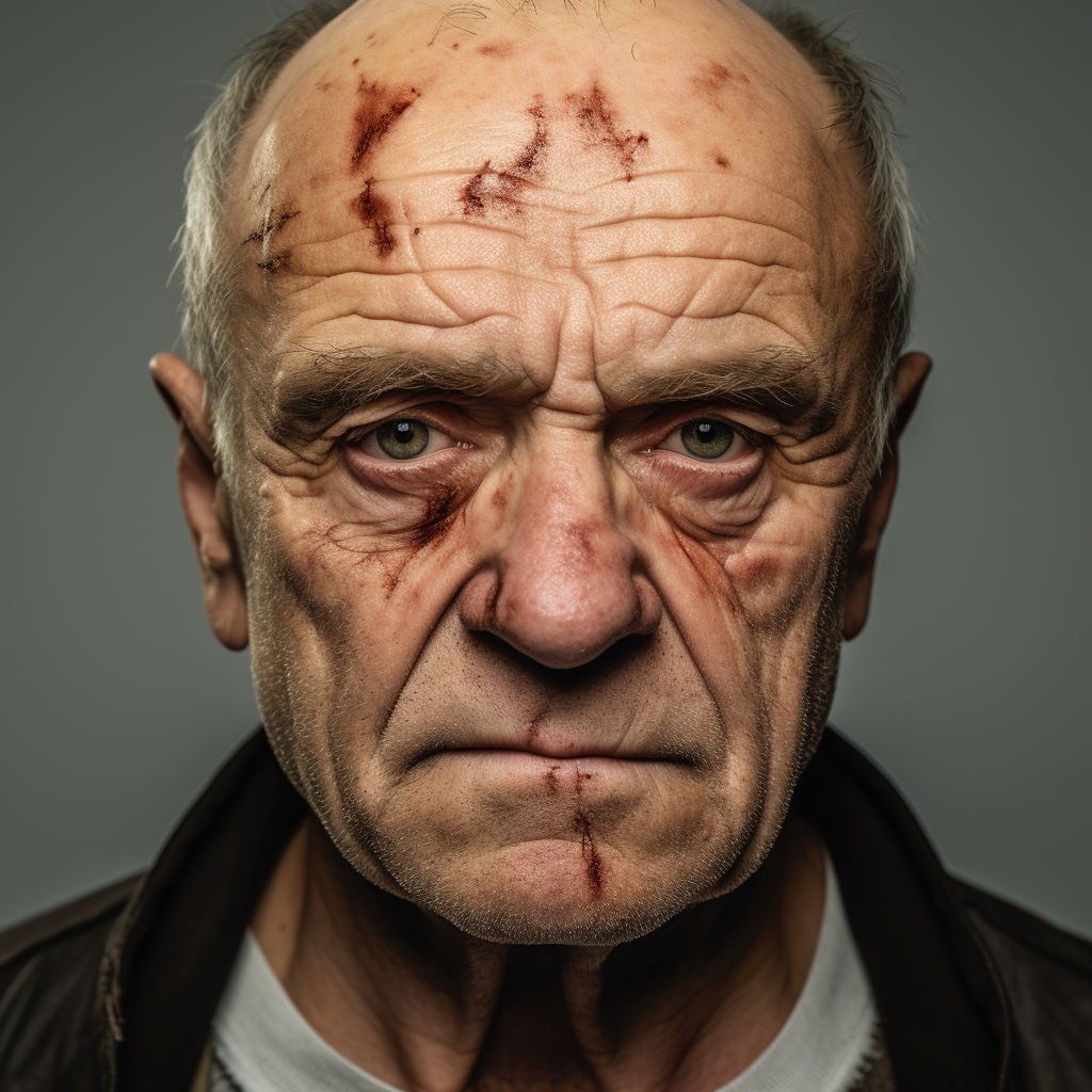 Scarred angry old man mugshot