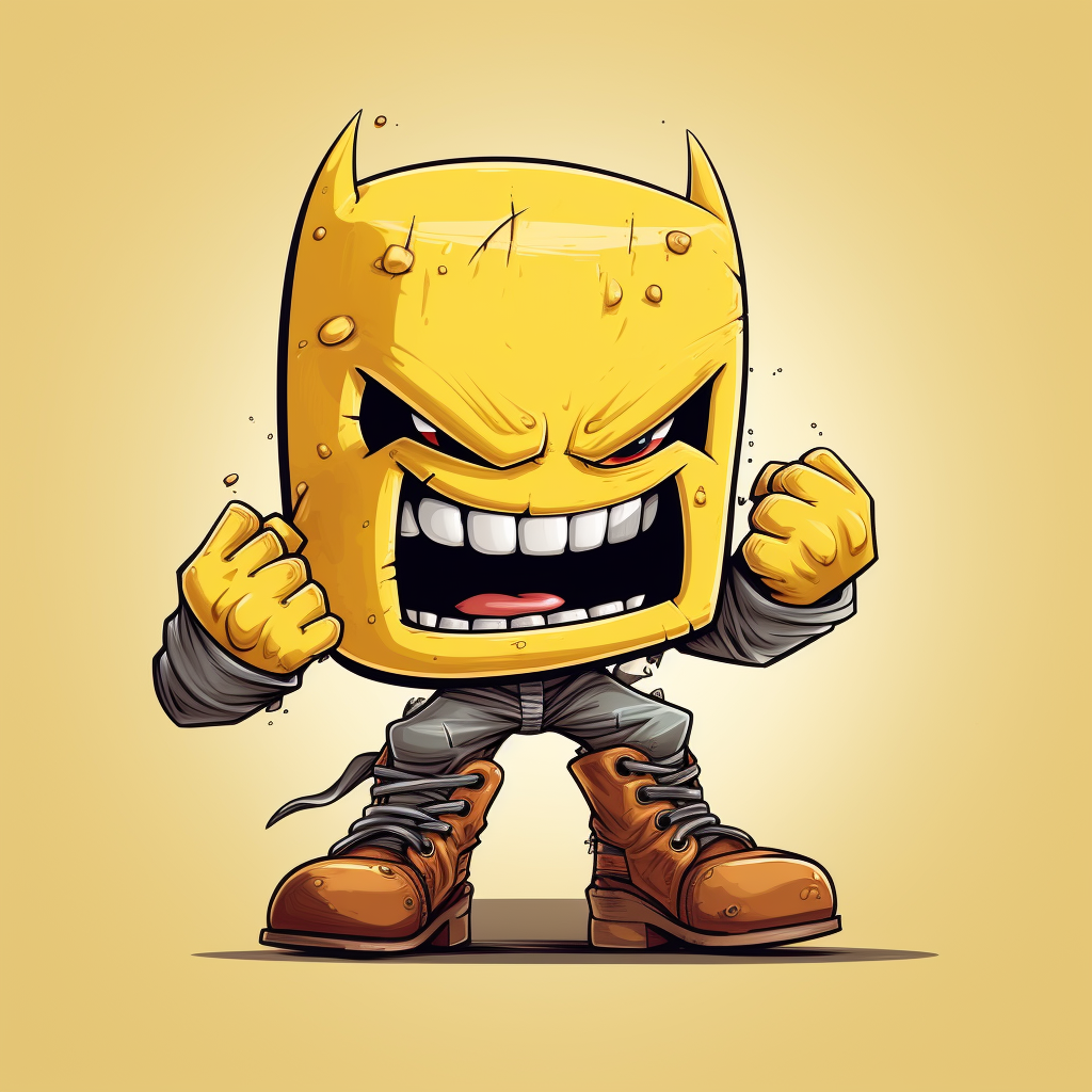 Cartoon character with angry Pacman style, boots, gloves, sharp teeth