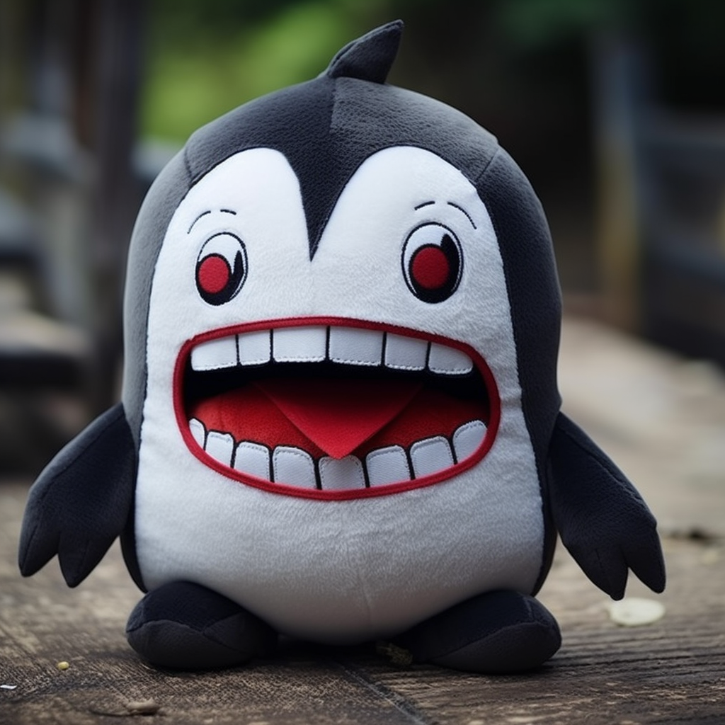 Angry penguin plushie with vampire teeth