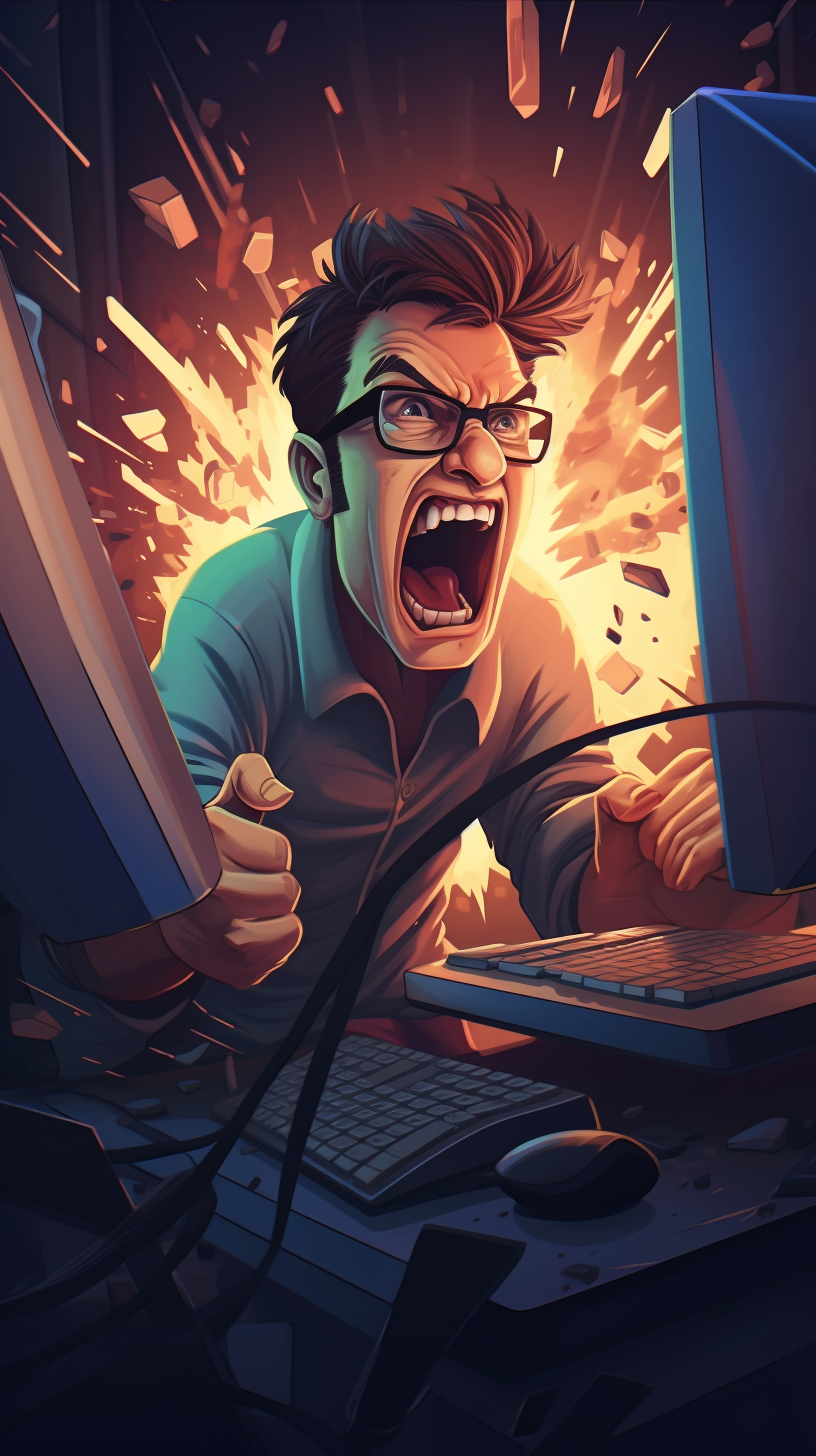 Angry programmer punching computer screen