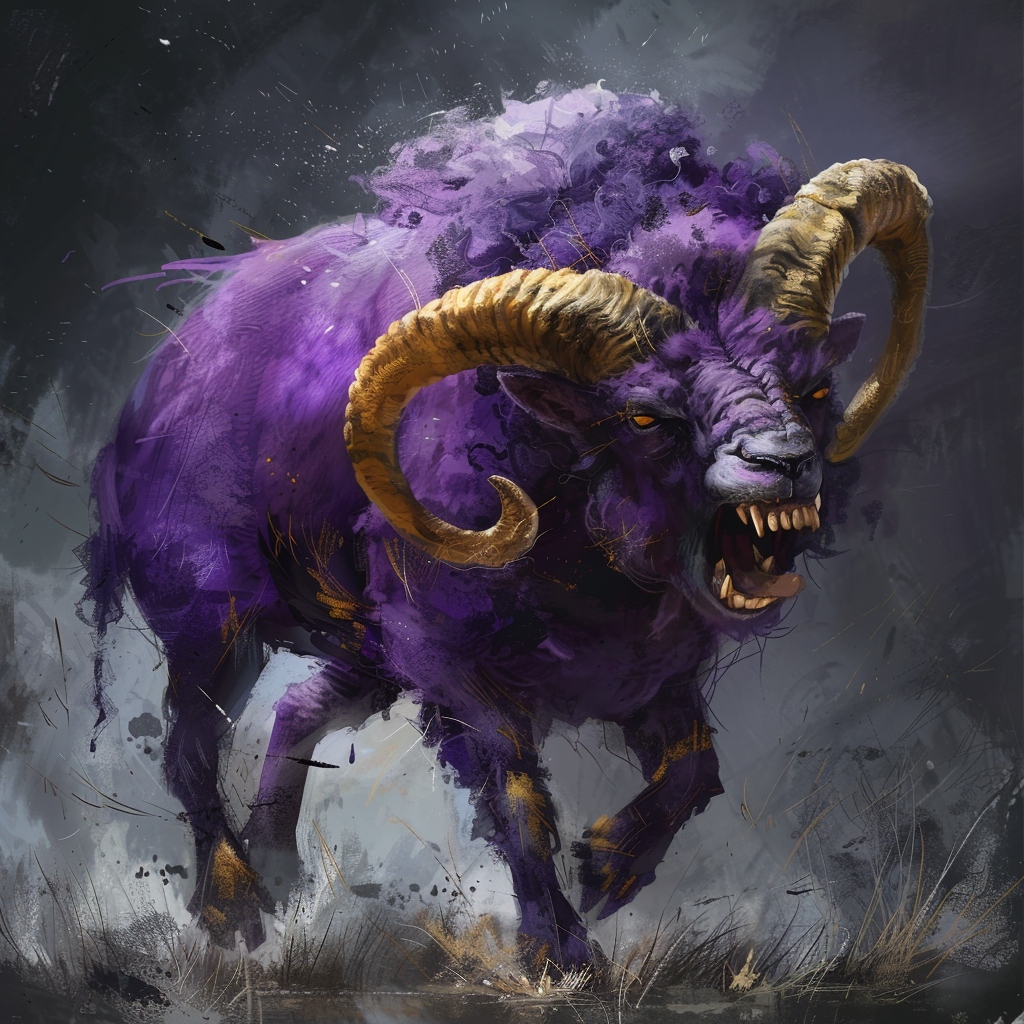 Angry purple ram baring teeth