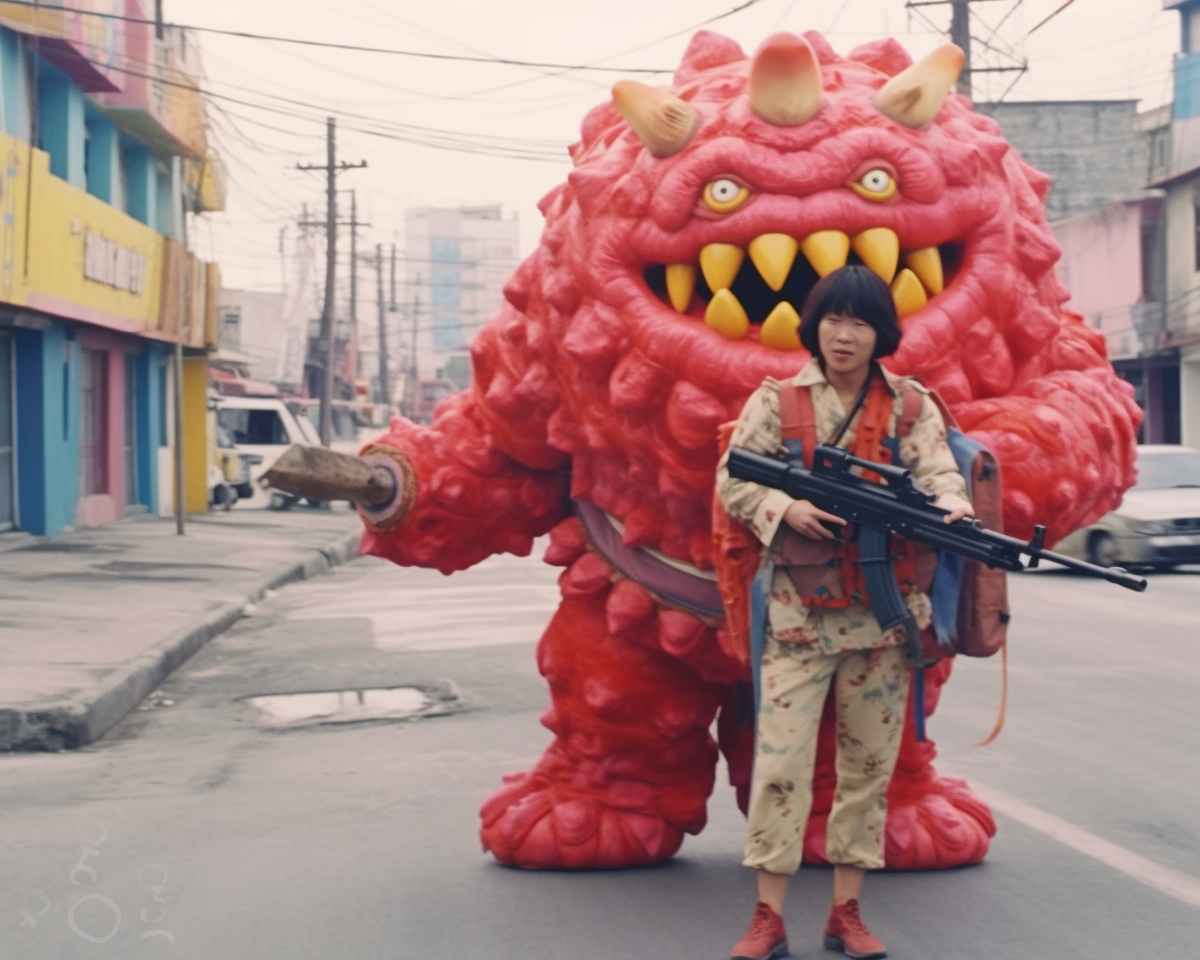 Angry Red Dim Sum Monster Wielding Rifle