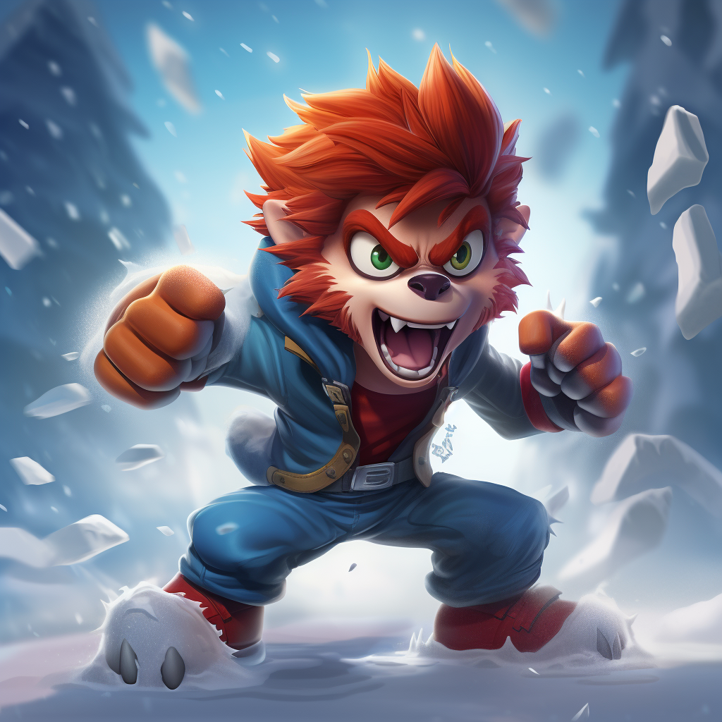 Angry werewolf with red hair in snowy surroundings