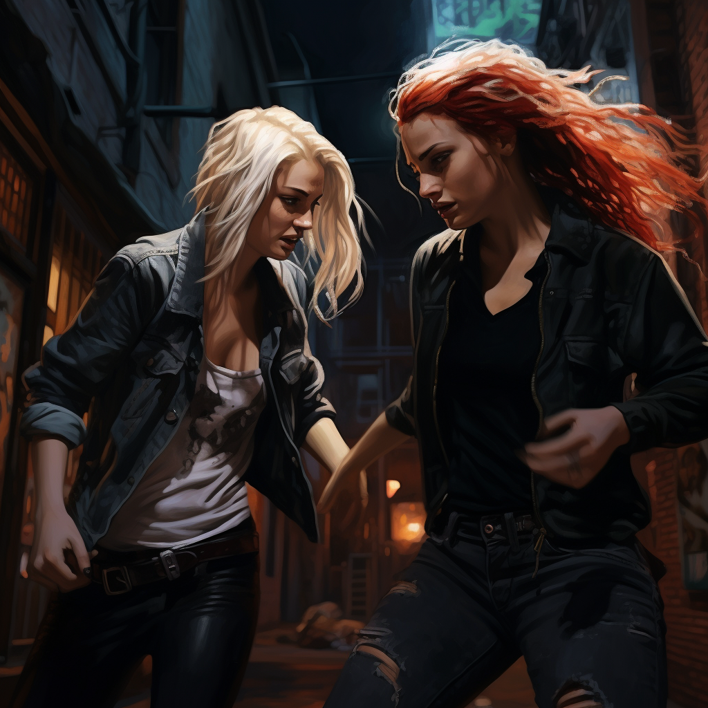 Two Angry Women Shoving in a Dark City Alleyway