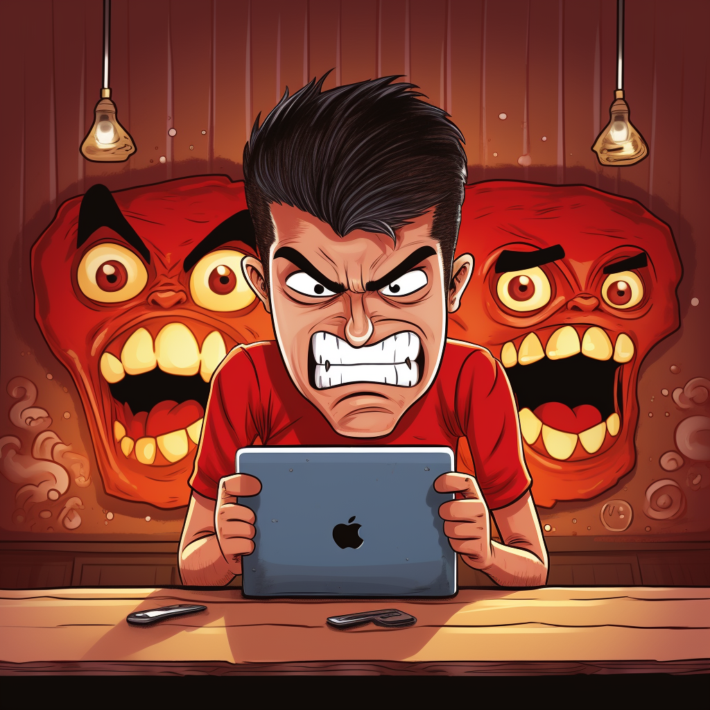 Angry person writing review on phone (cartoon)