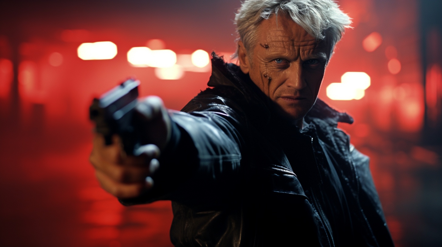 Angry Rutger Hauer holding a gun