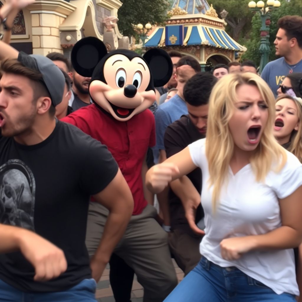 Angry people attacking Disneyland characters