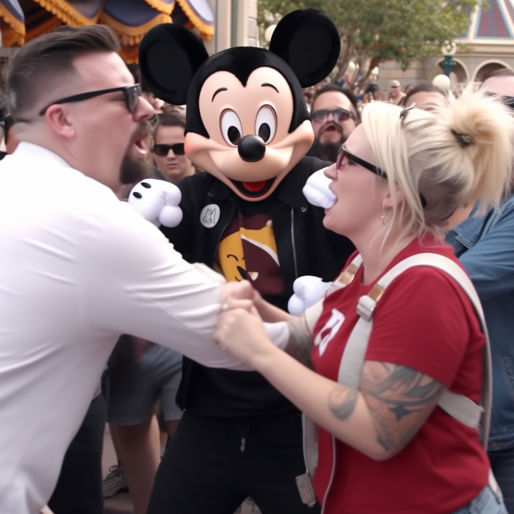 Angry white people beating Mickey Mouse at Disneyland