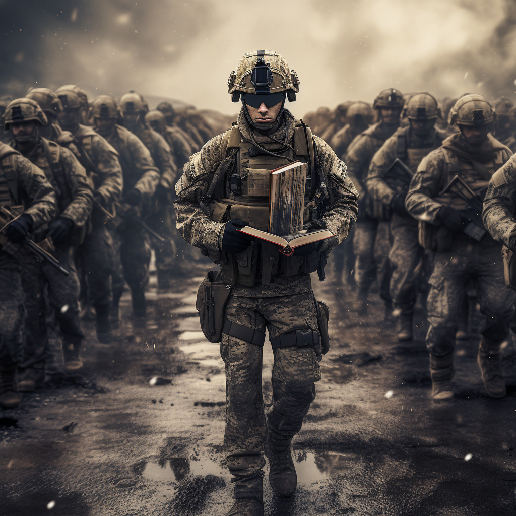 Angry soldier holding books marching forward