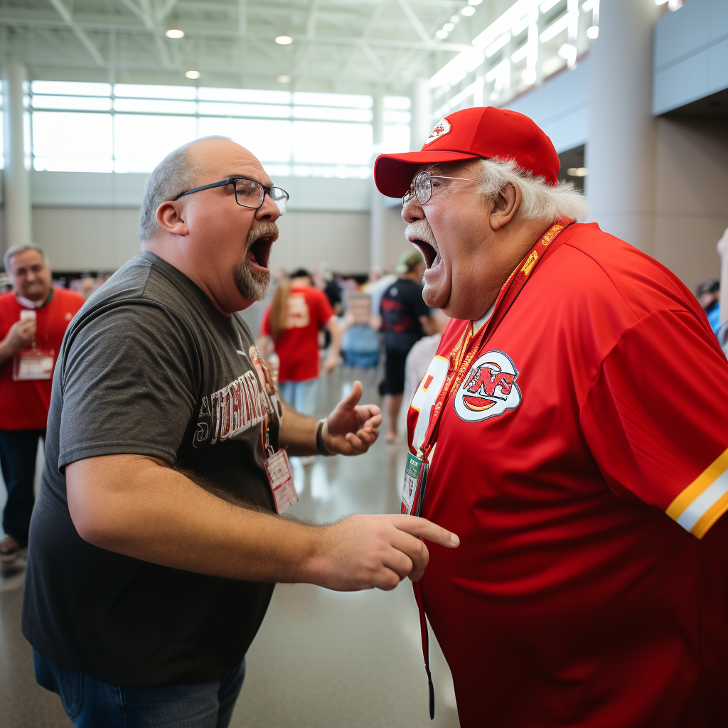 Angry Swifty and Wilford Brimley cosplayer in Chiefs attire