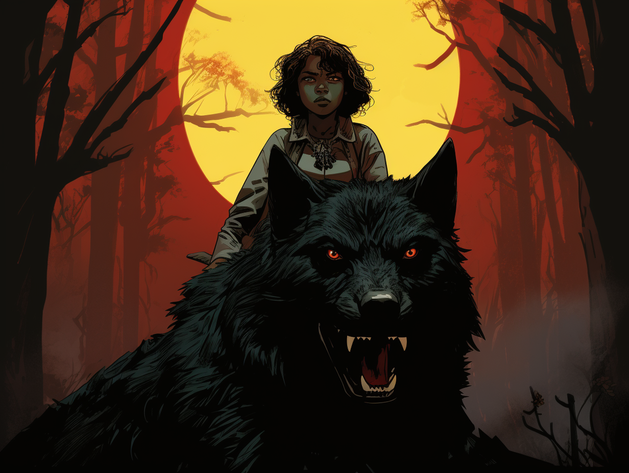 Angry black girl on giant wolf by Francavilla