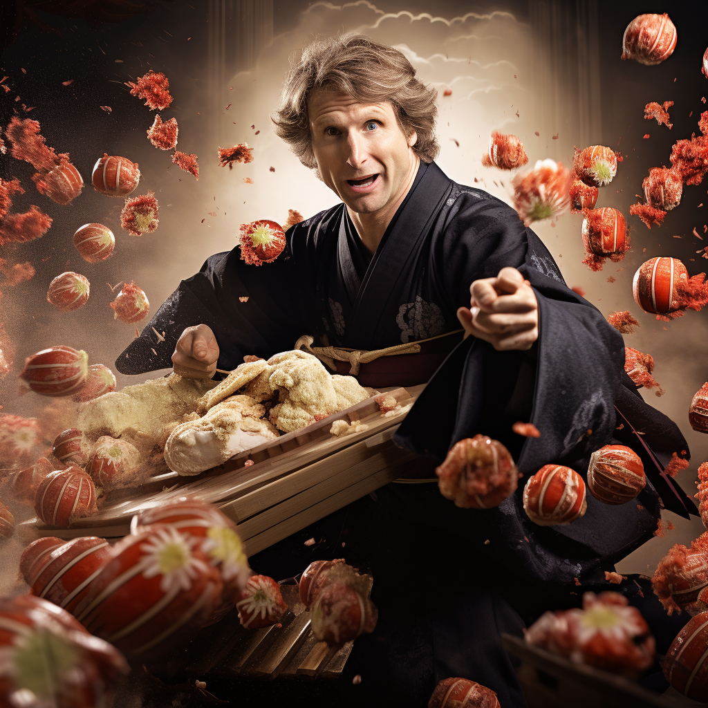 Angry Todd Howard Samurai smashing giant dumpling