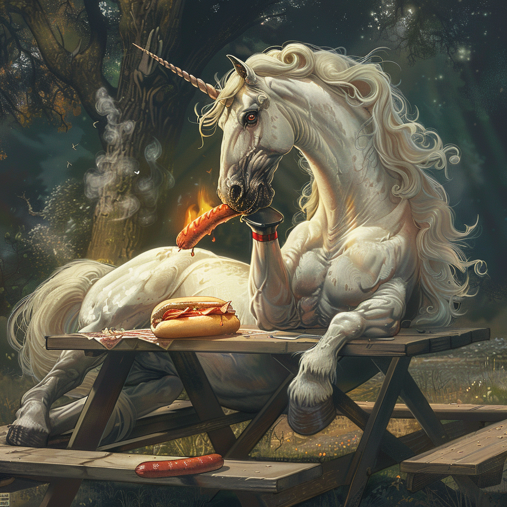 Angry unicorn eating hotdog