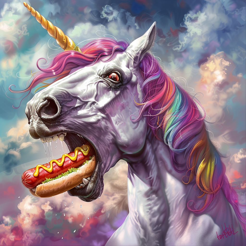 Angry unicorn eating hotdog illustration