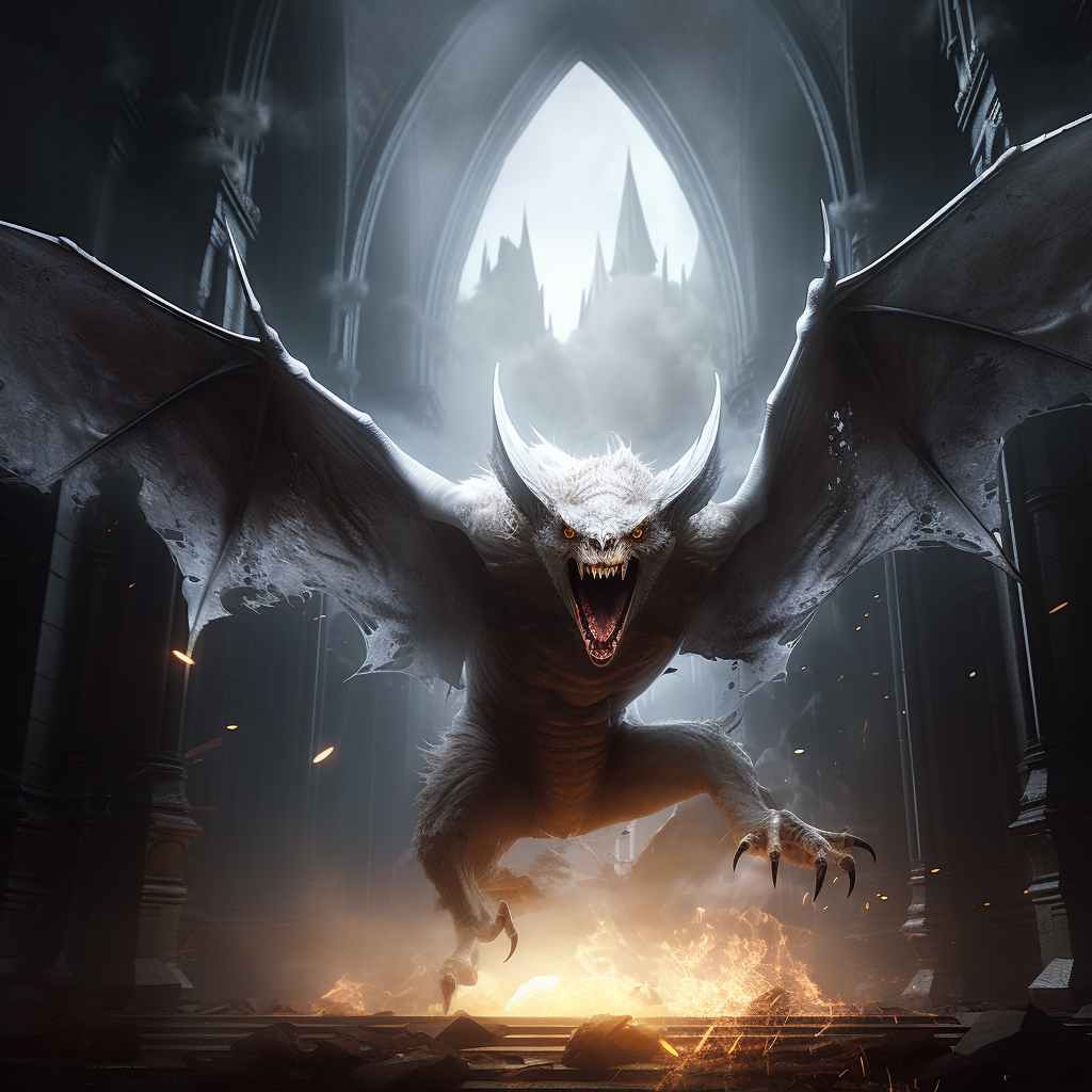 Angry white bat in gothic environment