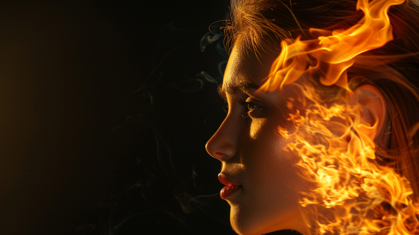 woman profile facing fire column