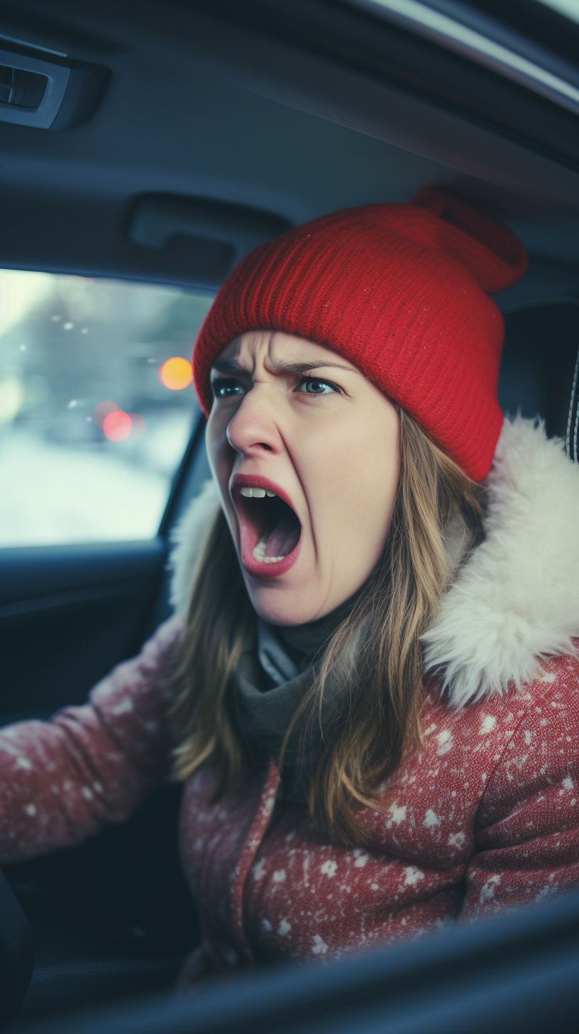 Angry woman rapping in car with Santa hat