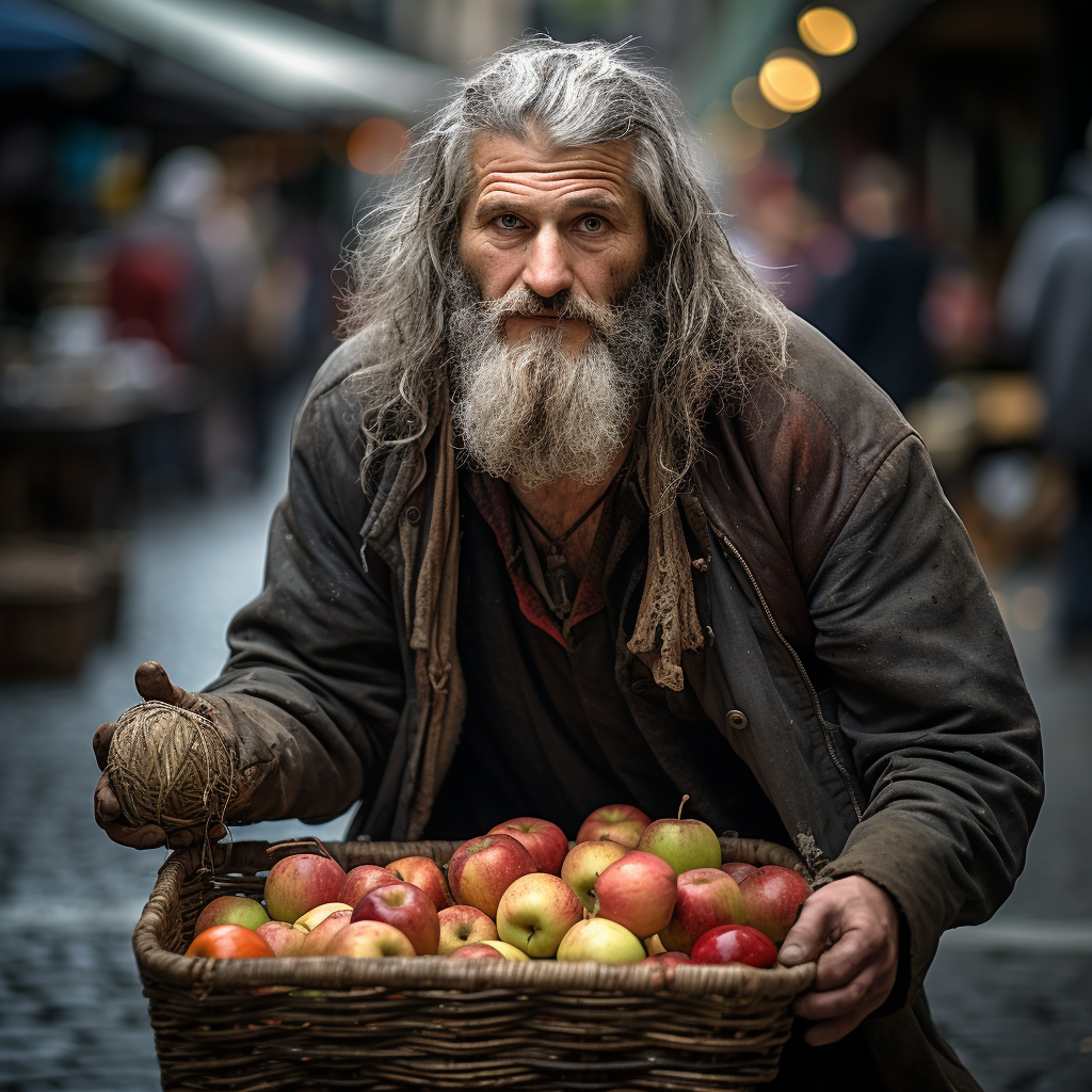 Frustrated apple seller awaiting customers