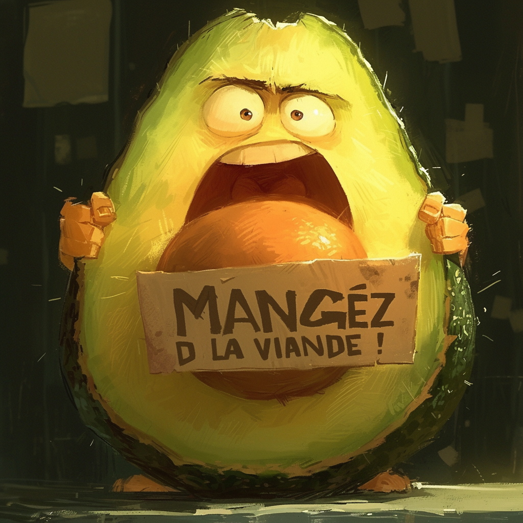 Angry avocado holding  MANGEZ DE LA VIANDE !  sign