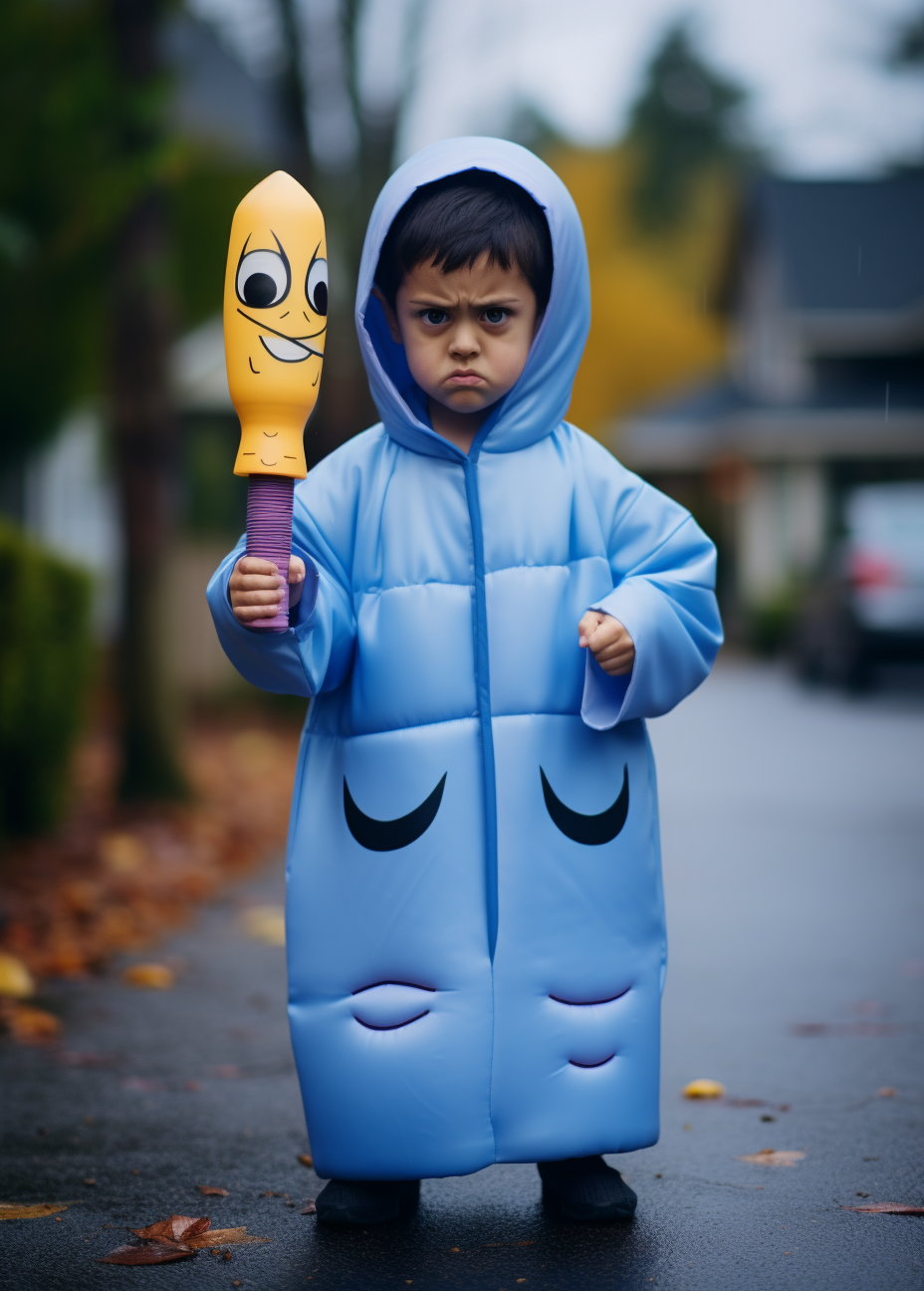 Angry children in blue bathrobe with inflatable knife