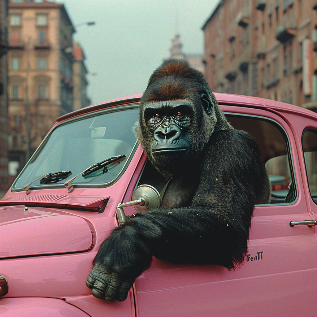 Large angry gorilla driving pink Fiat