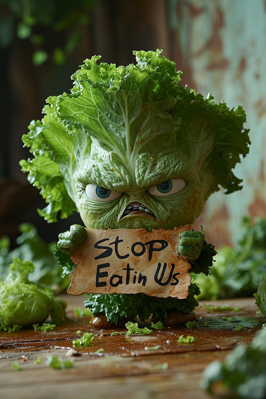 Angry lettuce holding a sign to stop eating vegetables