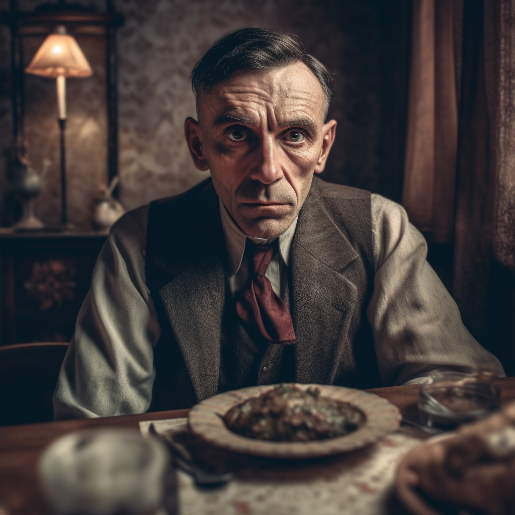 Angry man having dinner in old house