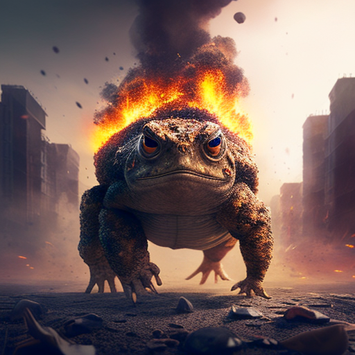 Angry toad walking away from explosion