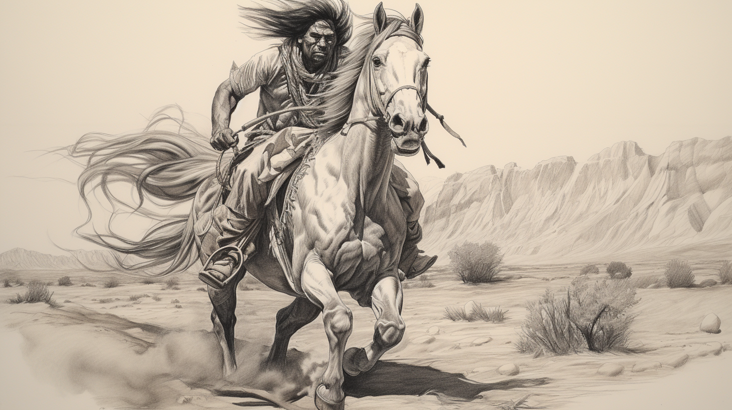 Sketch of Angry Mongolian Tribe Man Riding Horse in Desert