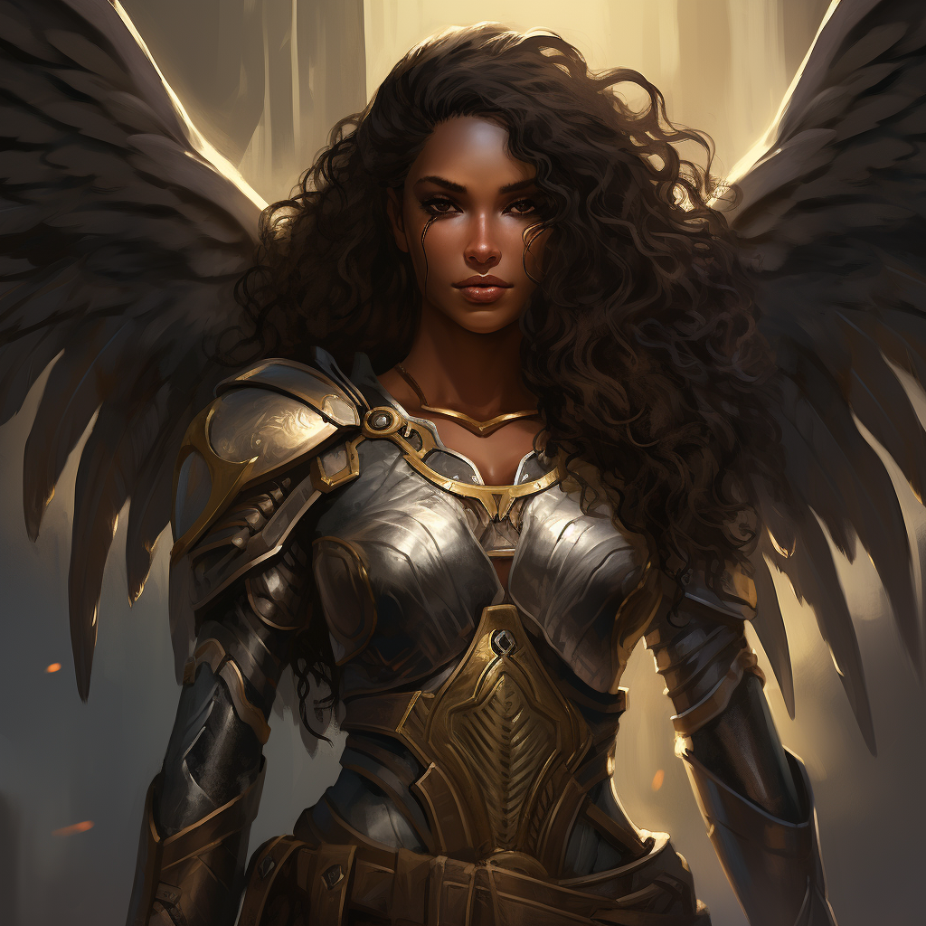 Angry winged paladin with dark skin female