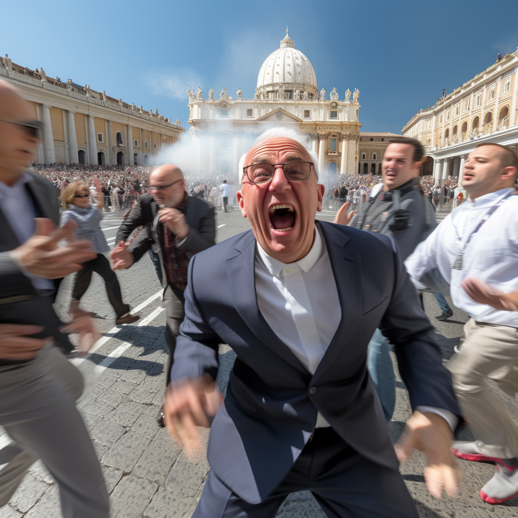 Photorealistic image of furious Pope doing head spins in Vatican