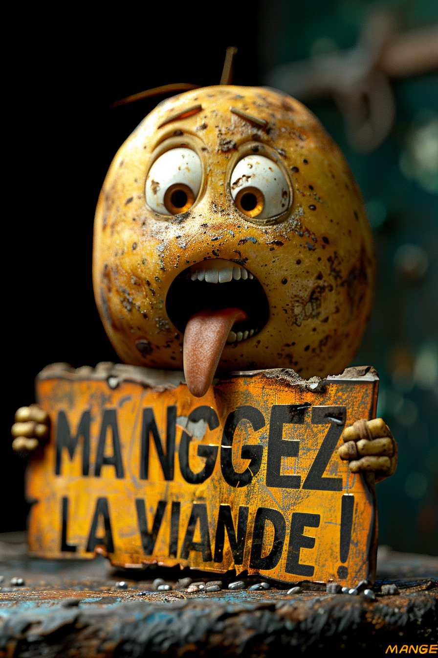 Angry potato holding meat sign